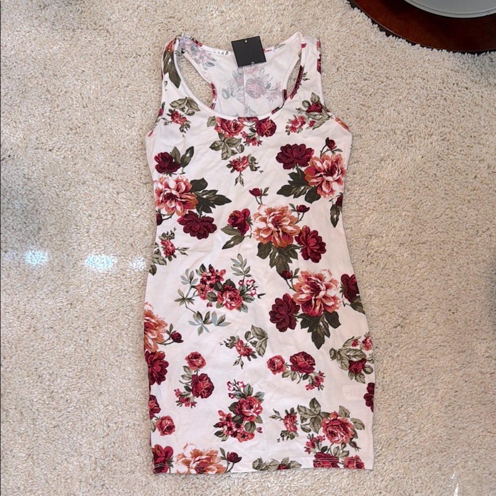 Floral tank dress short soft red green white pink small stretchy new
